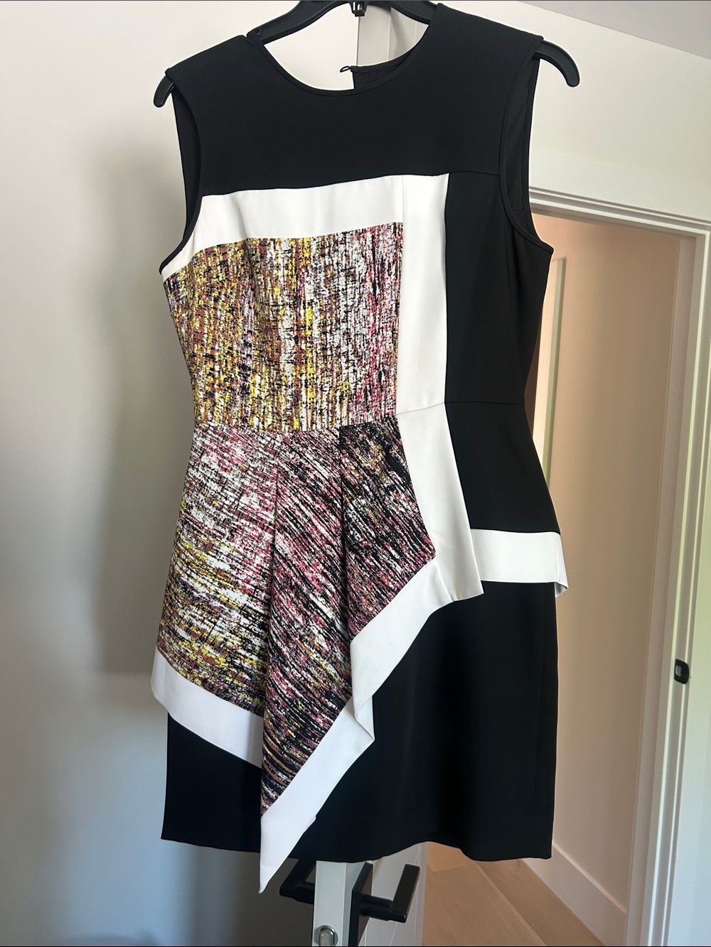 Black & White Colorblock Dress with Multicolor Abstract Panel